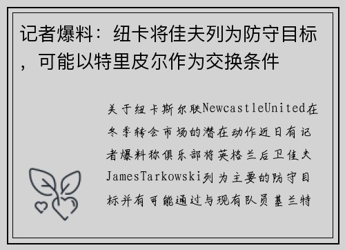 记者爆料：纽卡将佳夫列为防守目标，可能以特里皮尔作为交换条件