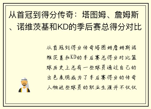 从首冠到得分传奇：塔图姆、詹姆斯、诺维茨基和KD的季后赛总得分对比